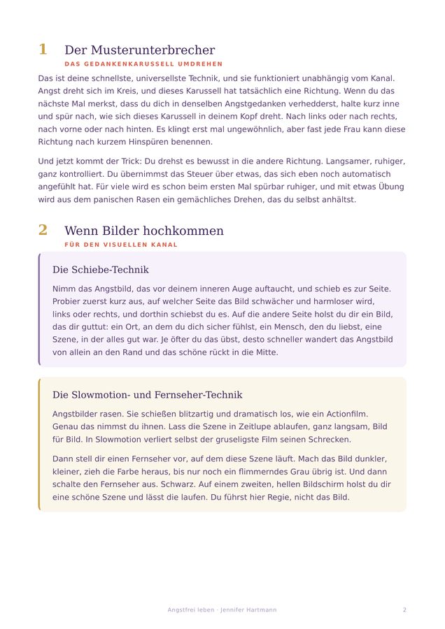 Workbook-Seite mit den Stopptechniken bei aufkommender Angst